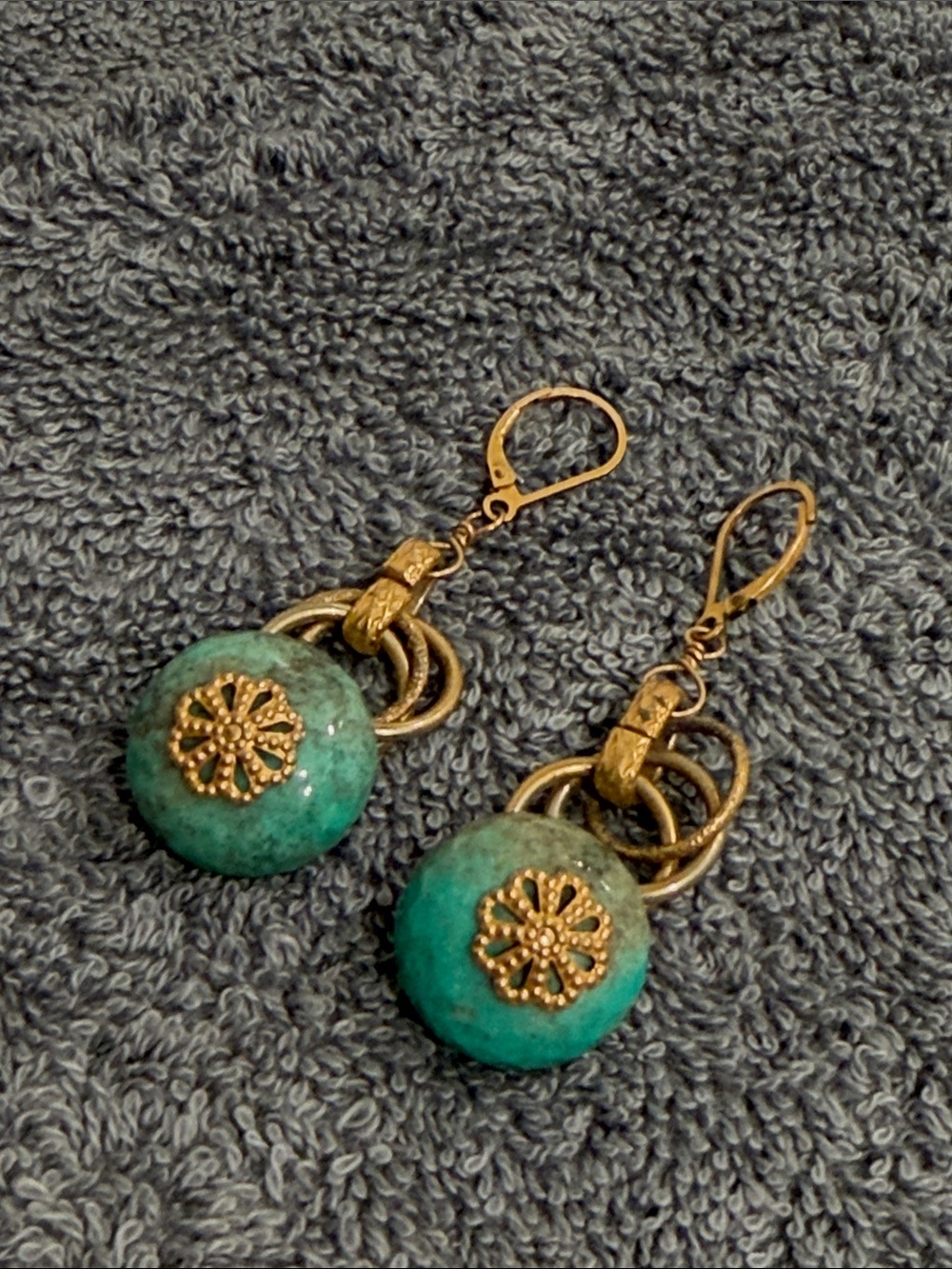 Neiman Marcus Teal Turquoise Bead Drop Earrings with Gold Accents